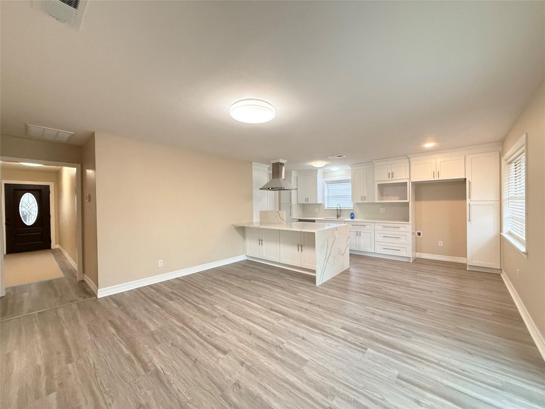 Empty room, Interior, Kitchen, Recessed Lighting, Wood Texture Flooring