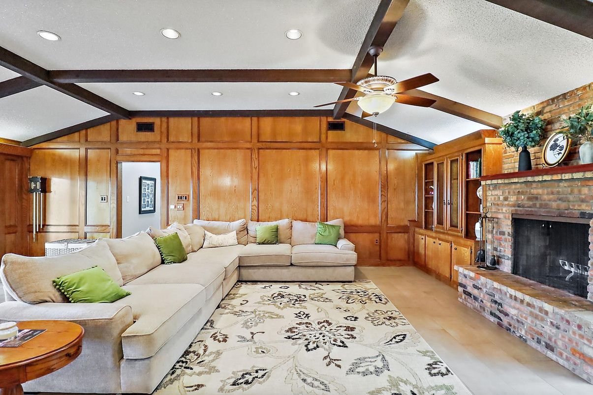 Fireplace, Interior, Living room, Recessed Lighting, Wood Texture Flooring, Wooden Walls