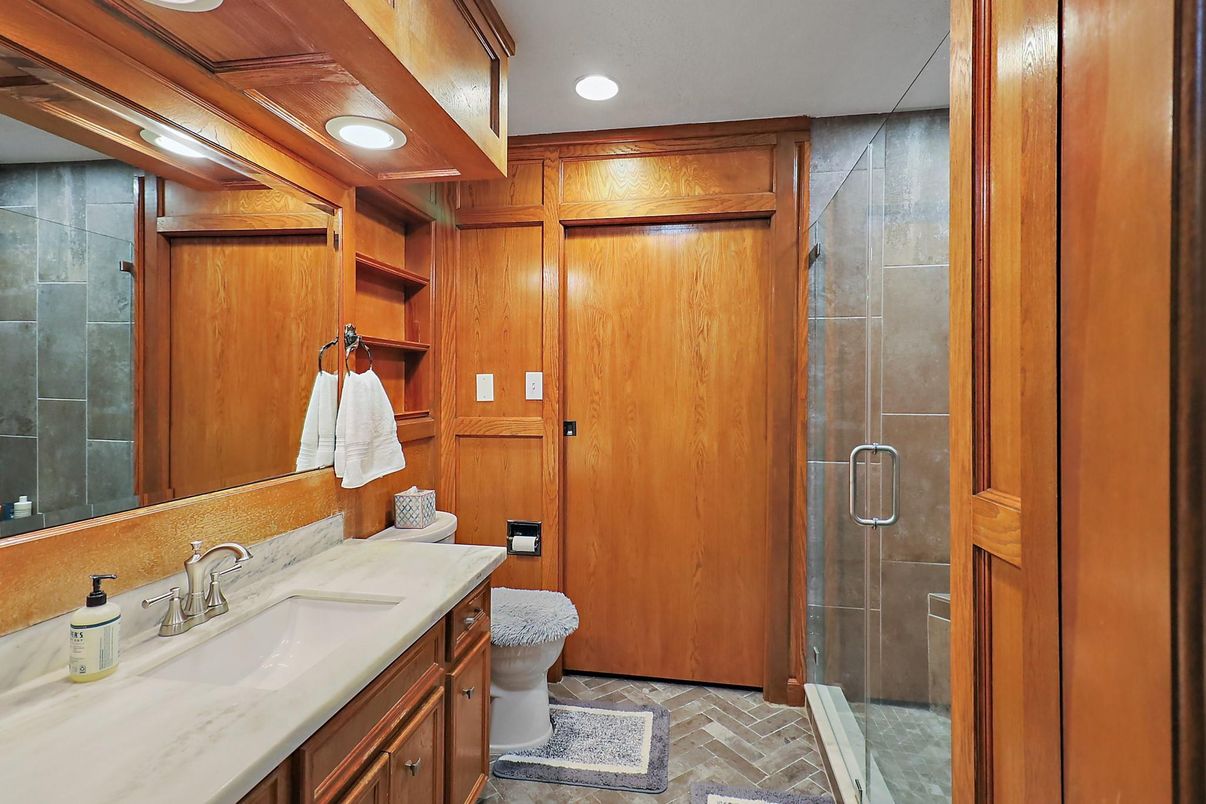 Bathroom, Glass Shower, Interior, Recessed Lighting, Wooden Walls