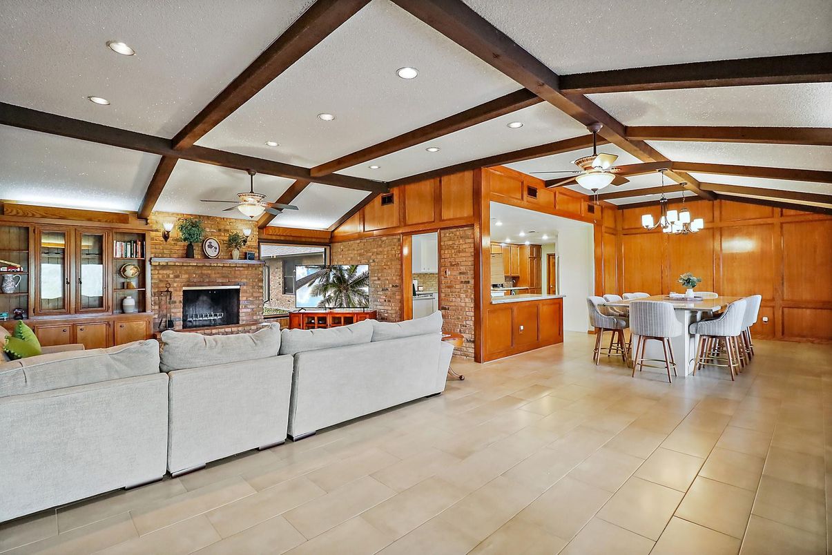 Dining room, Fireplace, Interior, Kitchen, Living room, Recessed Lighting, Stone Walls, Wooden Beams, Wooden Walls