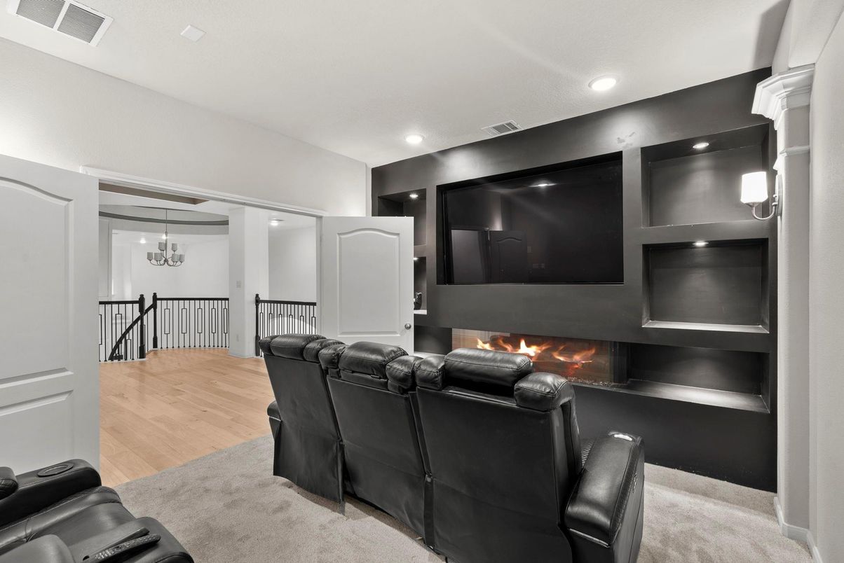 Home Theatre Room, Fireplace, Interior, Living room, Recessed Lighting, Wood Texture Flooring