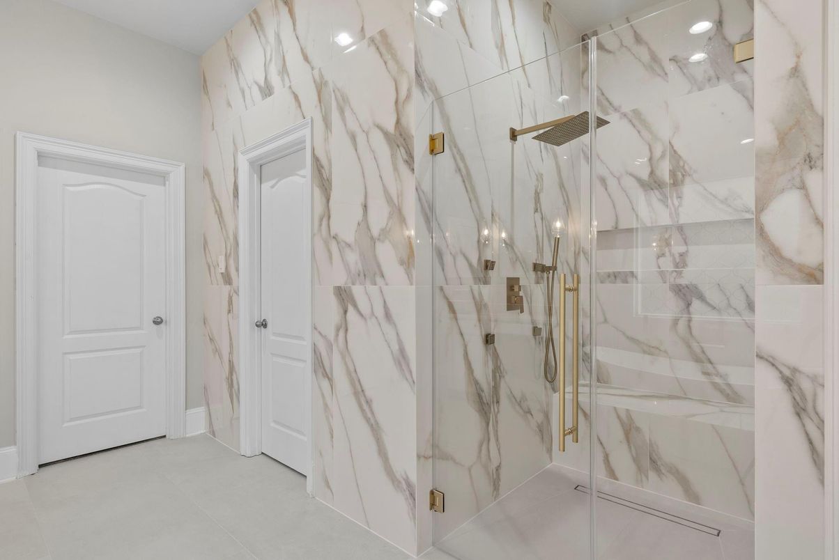 Bathroom, Glass Shower, Interior, Marble Walls, Recessed Lighting
