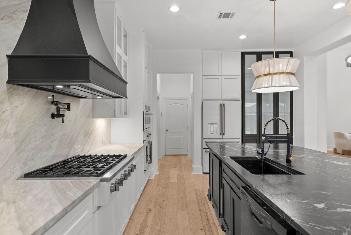 Interior, Kitchen, Marble Walls, Pendant Lights, Recessed Lighting, Wood Texture Flooring