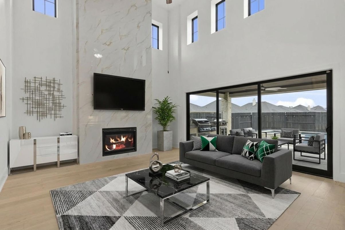 Fireplace, Interior, Living room, Marble Walls, Wood Texture Flooring