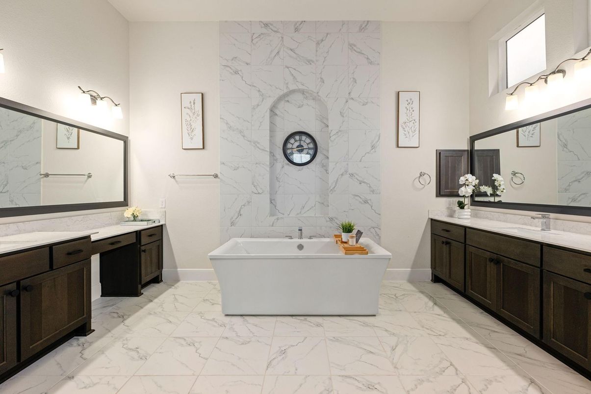 Bathroom, Dual Sink Vanities, Free Standing Baths, Interior, Marble, Marble Walls