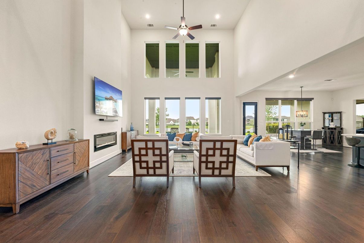 Fireplace, Interior, Living room, Pendant Lights, Recessed Lighting, Wood Texture Flooring