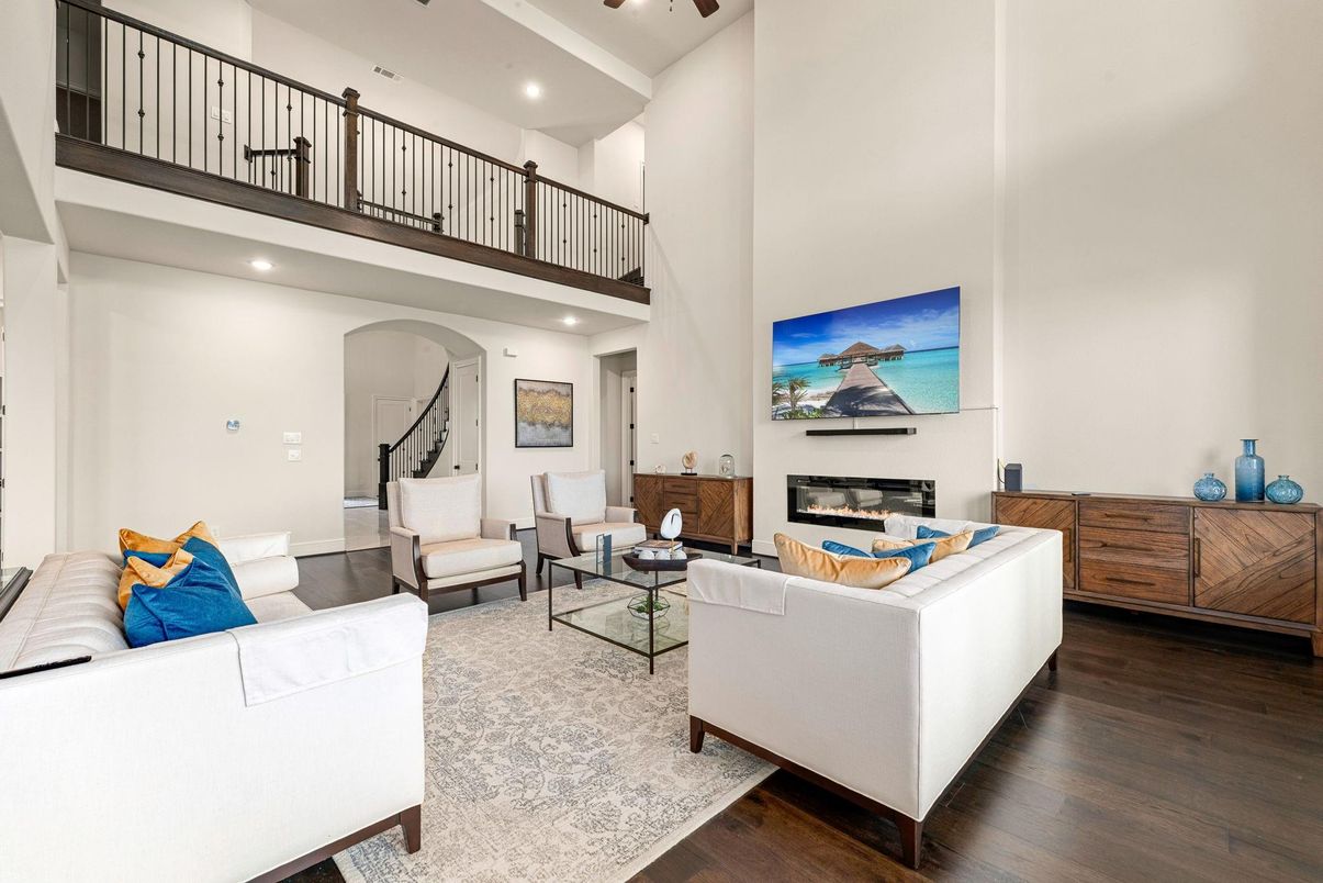 Fireplace, Interior, Living room, Recessed Lighting, Wood Texture Flooring