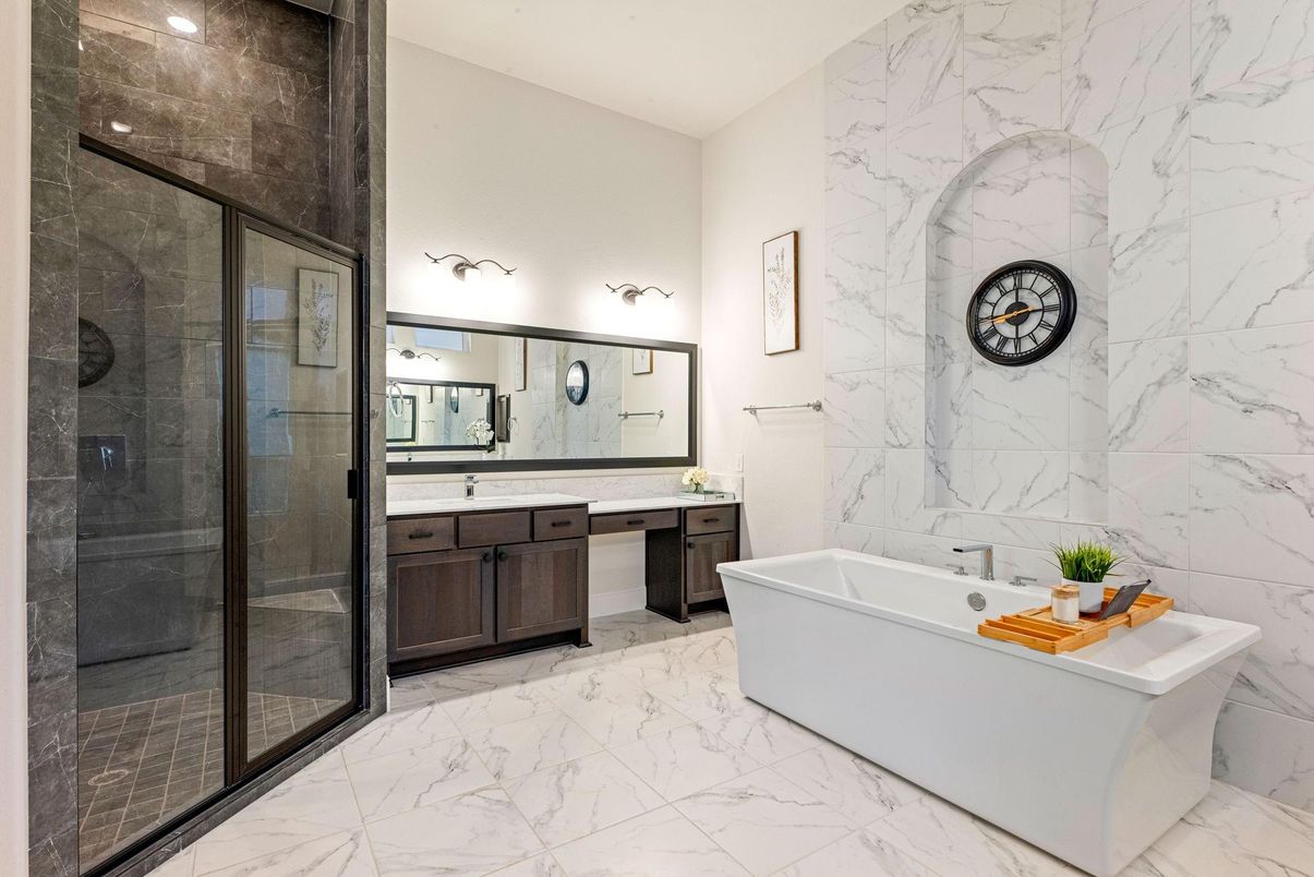 Bathroom, Dual Sink Vanities, Free Standing Baths, Glass Shower, Interior, Marble, Marble Walls, Recessed Lighting