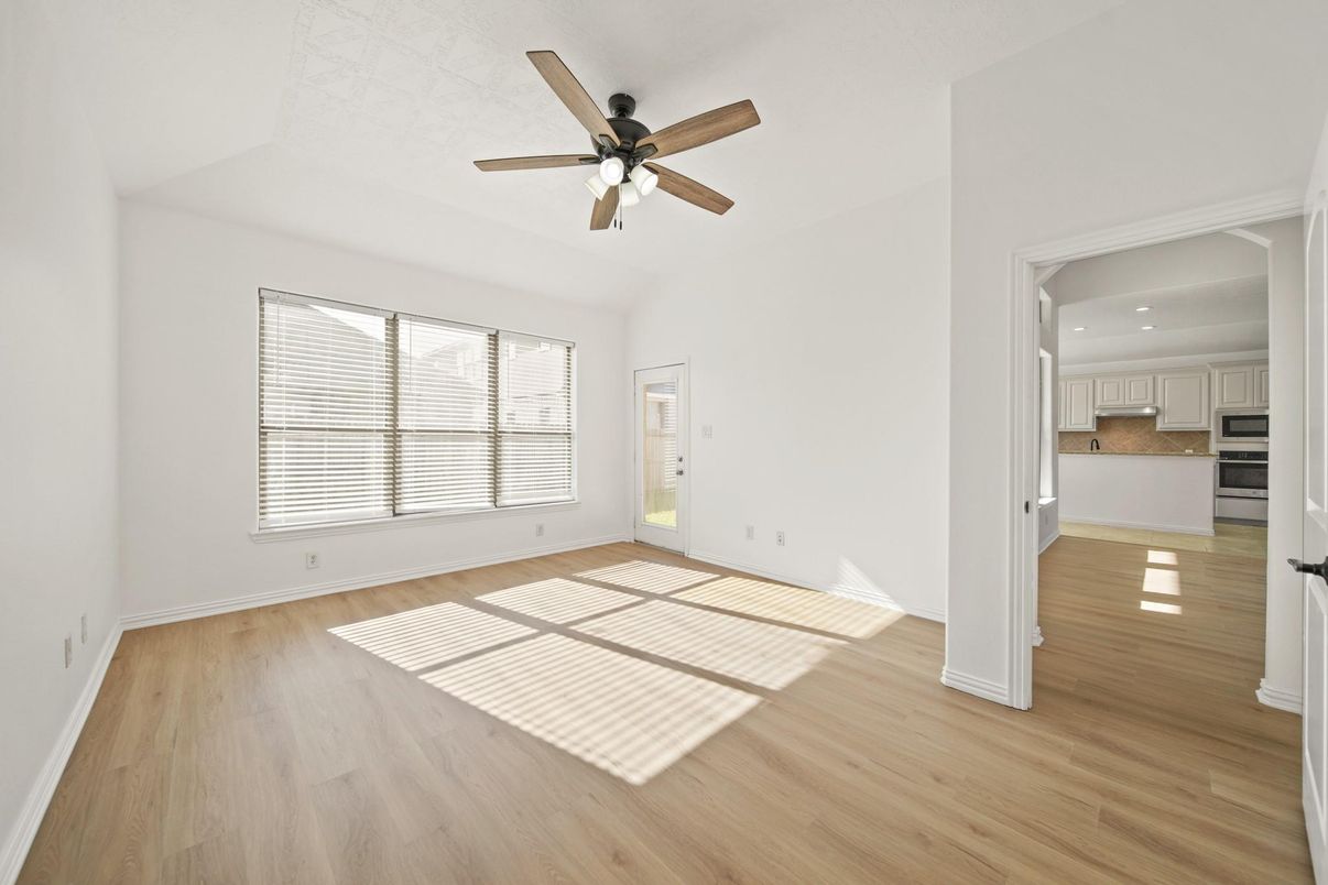 Empty room, Interior, Kitchen, Recessed Lighting, Wood Texture Flooring