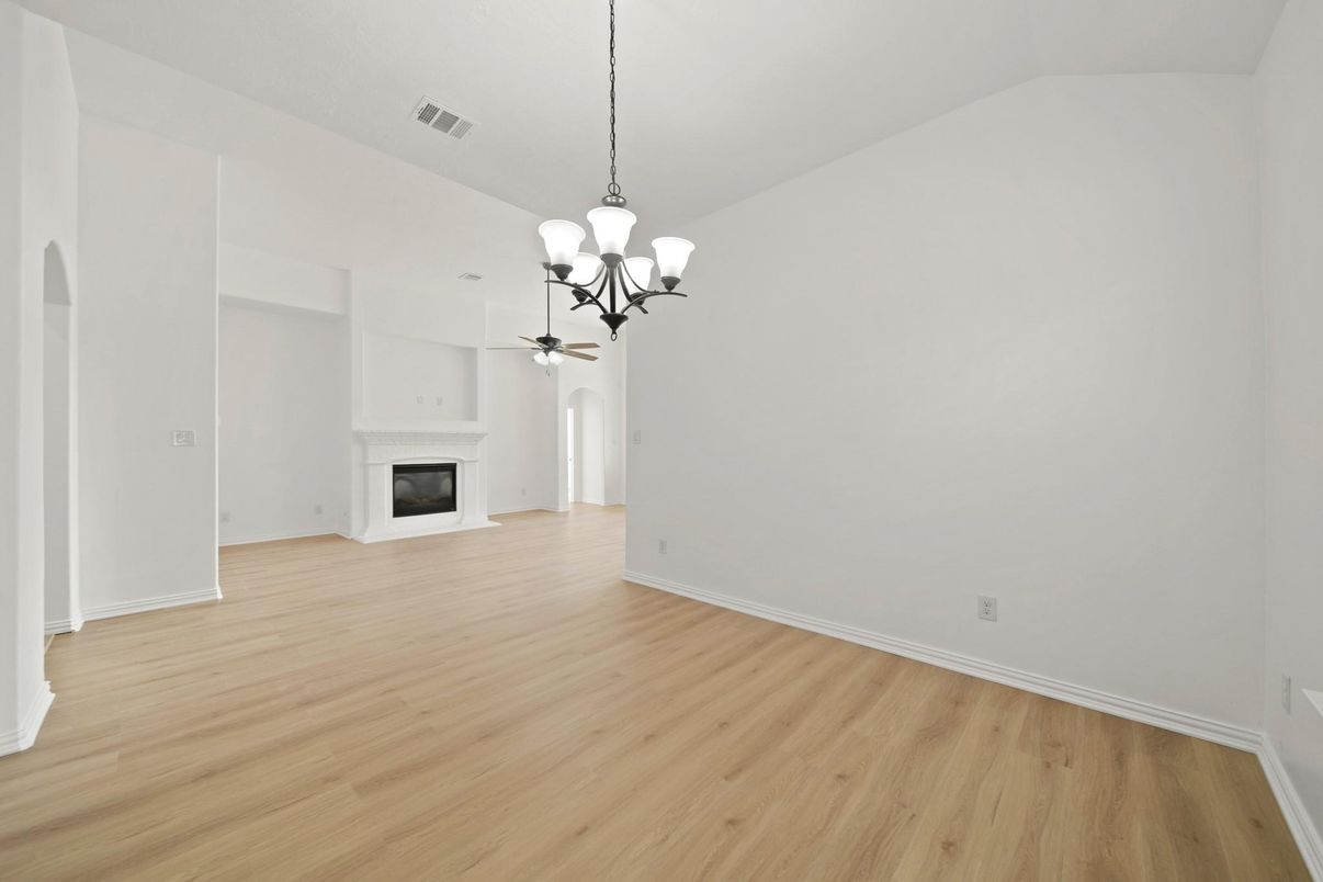 Chandelier, Empty room, Fireplace, Interior, Pendant Lights, Wood Texture Flooring
