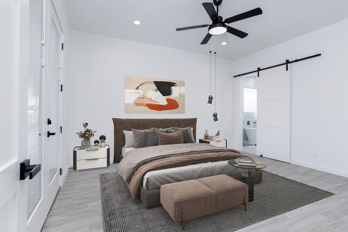 Bedroom, Interior, Recessed Lighting, Wood Texture Flooring