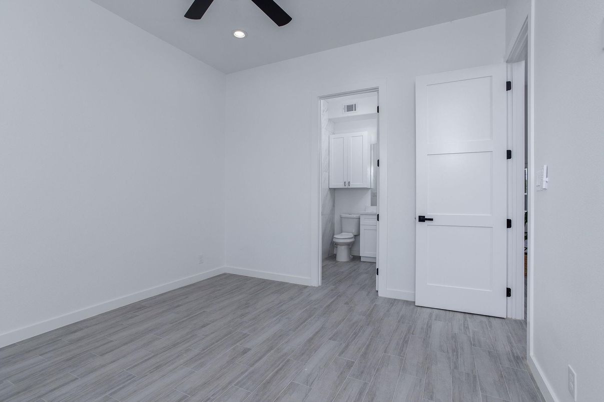 Bathroom, Empty room, Interior, Recessed Lighting, Wood Texture Flooring