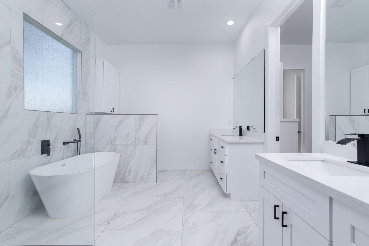 Bathroom, Dual Sink Vanities, Free Standing Baths, Interior, Marble, Marble Walls, Recessed Lighting
