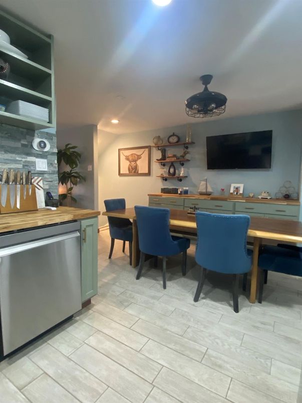 Dining room, Interior, Recessed Lighting, Wood Texture Flooring