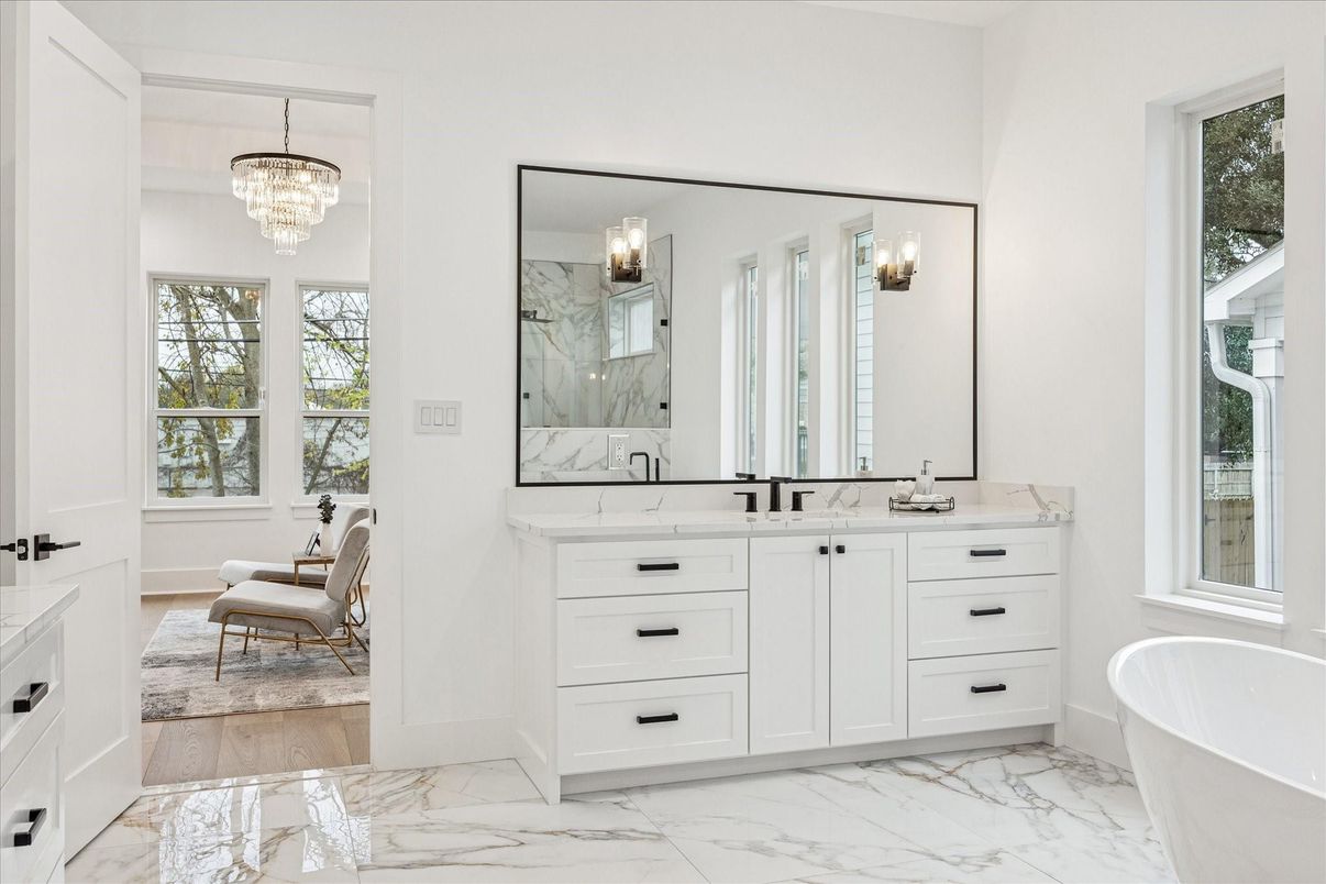 Bathroom, Chandelier, Dual Sink Vanities, Free Standing Baths, Interior, Marble