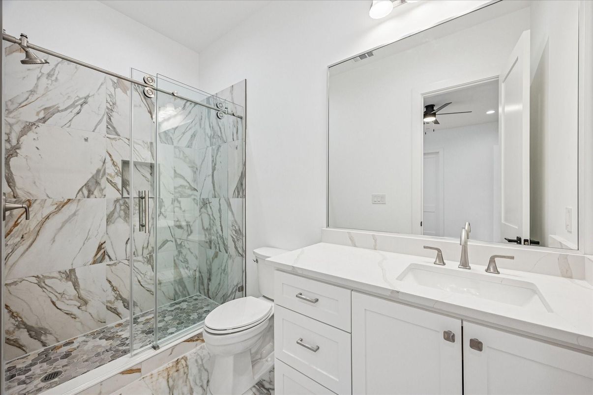 Bathroom, Glass Shower, Interior, Marble, Marble Walls, Recessed Lighting