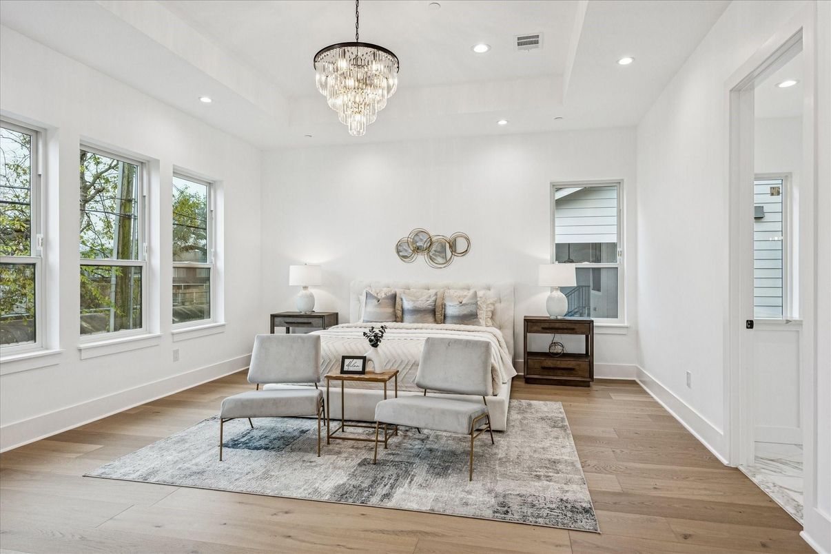 Bedroom, Chandelier, Interior, Recessed Lighting, Wood Texture Flooring