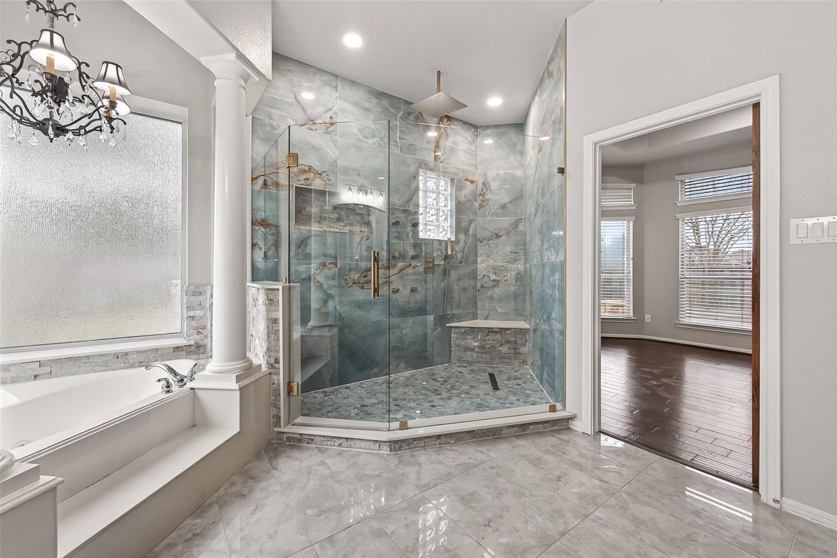 Bathroom, Glass Shower, Interior, Marble, Marble Walls, Recessed Lighting, Wood Texture Flooring