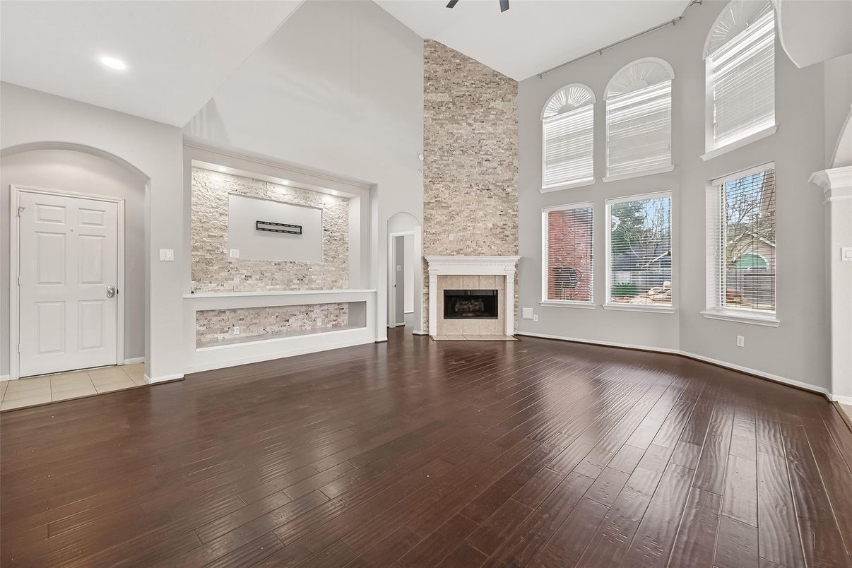 Fireplace, Interior, Recessed Lighting, Wood Texture Flooring
