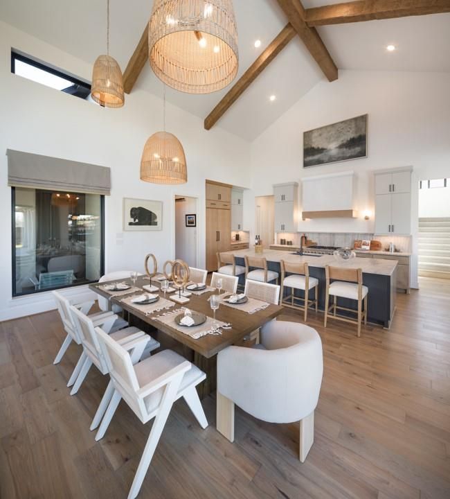 Dining room, Interior, Pendant Lights, Recessed Lighting, Wooden Beams, Wood Texture Flooring