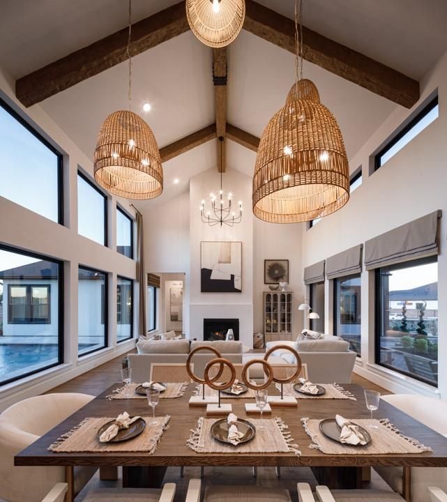 Dining room, Fireplace, Interior, Living room, Pendant Lights, Recessed Lighting, Wooden Beams, Wood Texture Flooring
