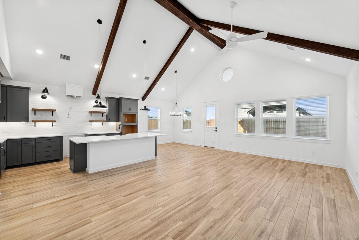 Interior, Kitchen, Pendant Lights, Recessed Lighting, Wooden Beams, Wood Texture Flooring