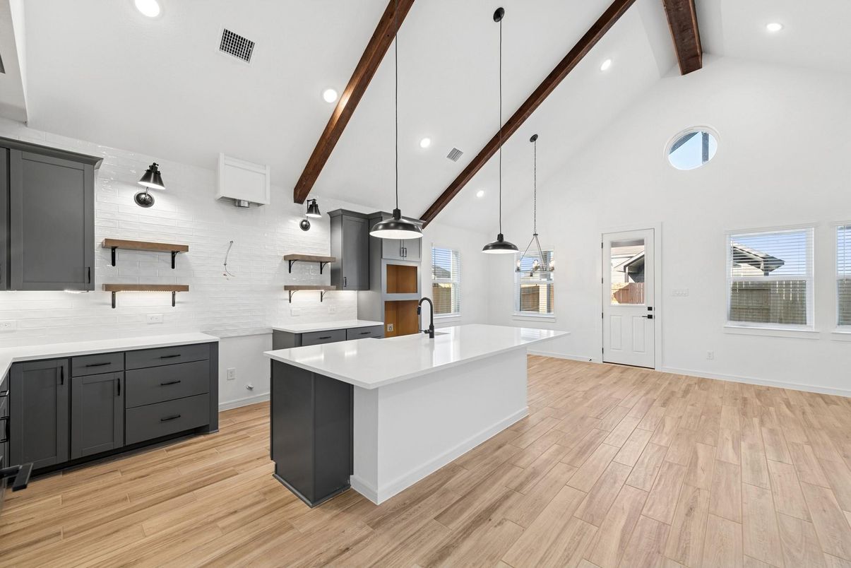 Interior, Kitchen, Pendant Lights, Recessed Lighting, Wooden Beams, Wood Texture Flooring