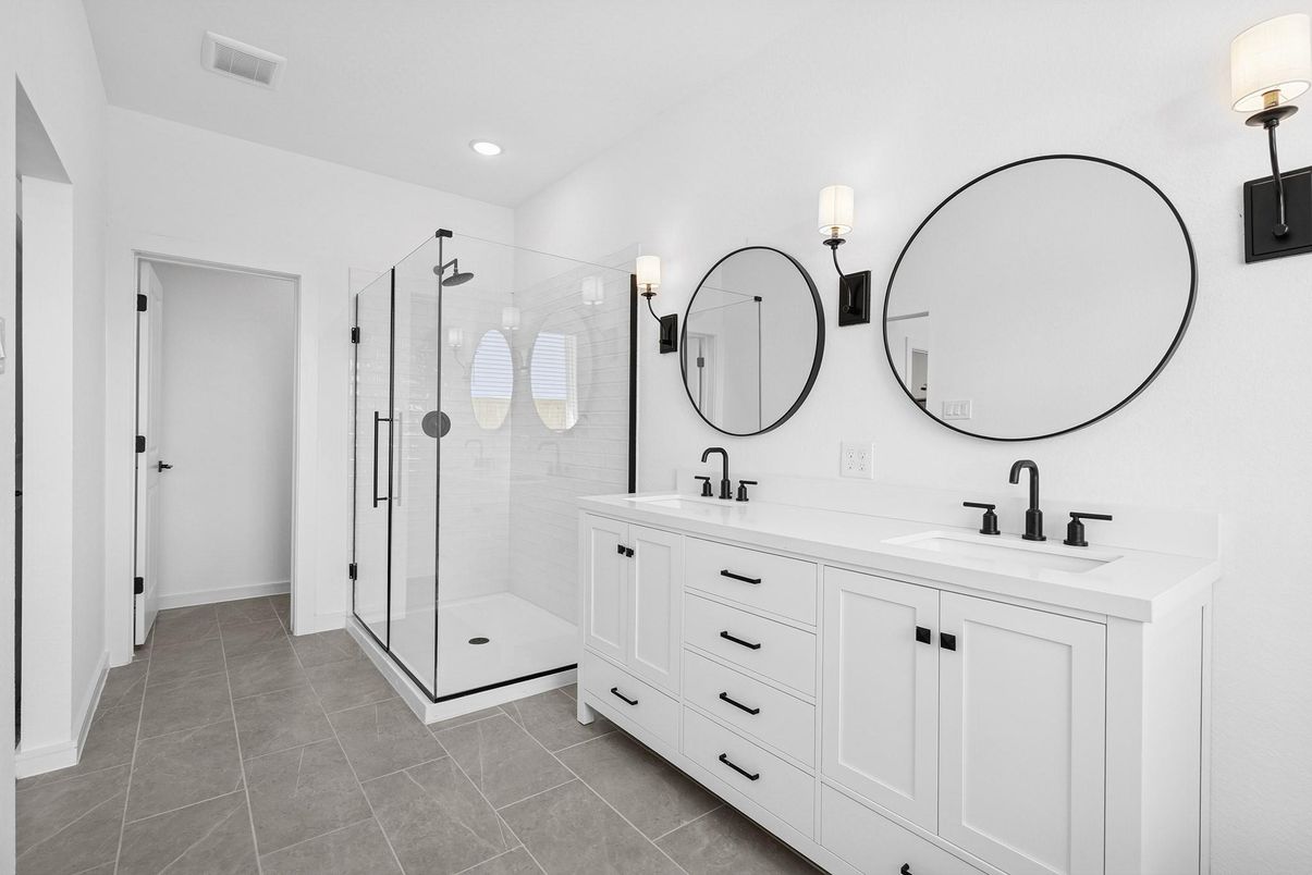 Bathroom, Dual Sink Vanities, Glass Shower, Interior, Recessed Lighting