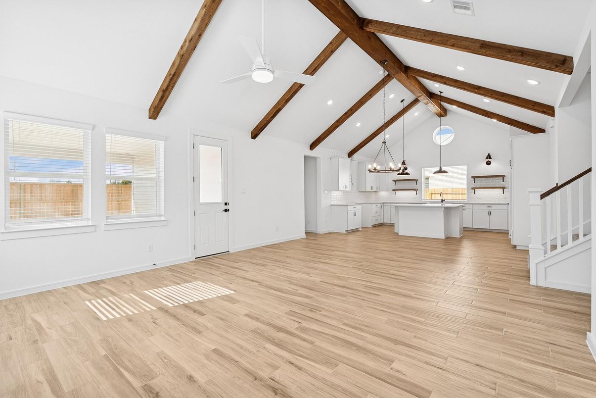 Empty room, Interior, Kitchen, Pendant Lights, Recessed Lighting, Wooden Beams, Wood Texture Flooring