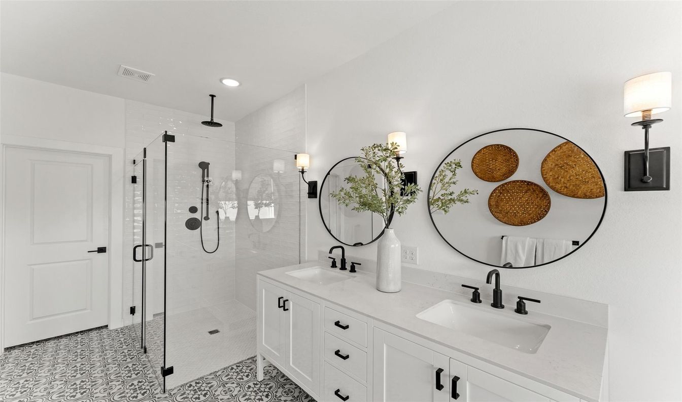 Bathroom, Dual Sink Vanities, Glass Shower, Interior, Recessed Lighting