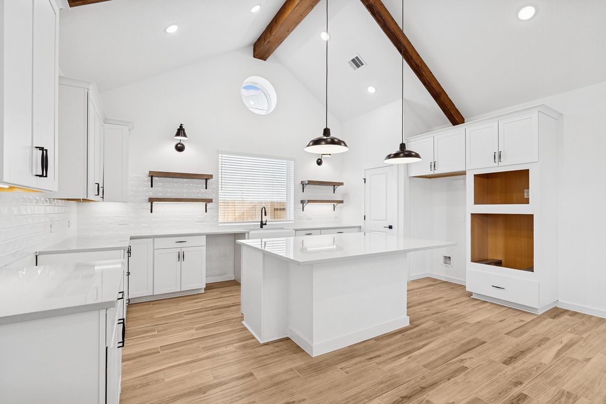 Interior, Kitchen, Pendant Lights, Recessed Lighting, Wooden Beams, Wood Texture Flooring