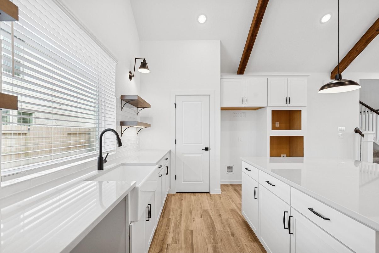 Interior, Kitchen, Pendant Lights, Recessed Lighting, Wooden Beams, Wood Texture Flooring