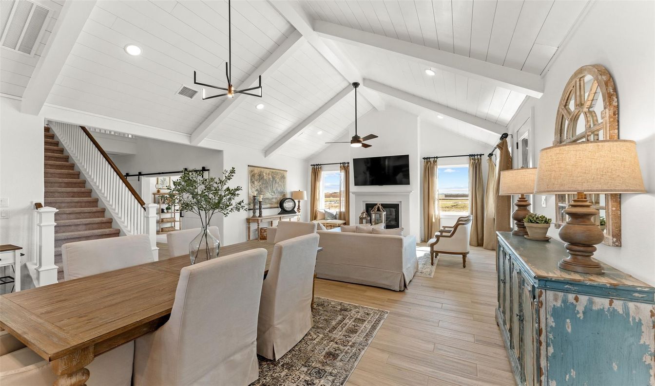 Dining room, Fireplace, Interior, Living room, Recessed Lighting, Wood Texture Flooring