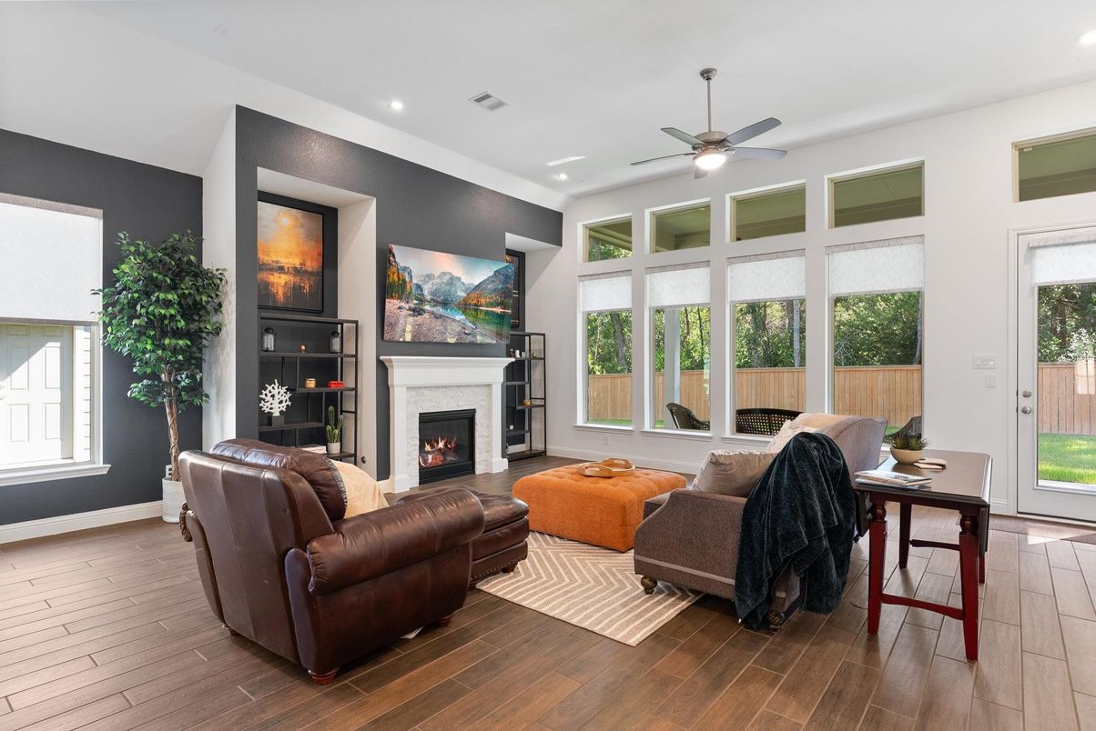 Fireplace, Interior, Living room, Recessed Lighting, Wood Texture Flooring