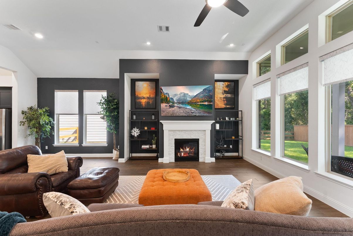 Fireplace, Interior, Living room, Recessed Lighting, Wood Texture Flooring