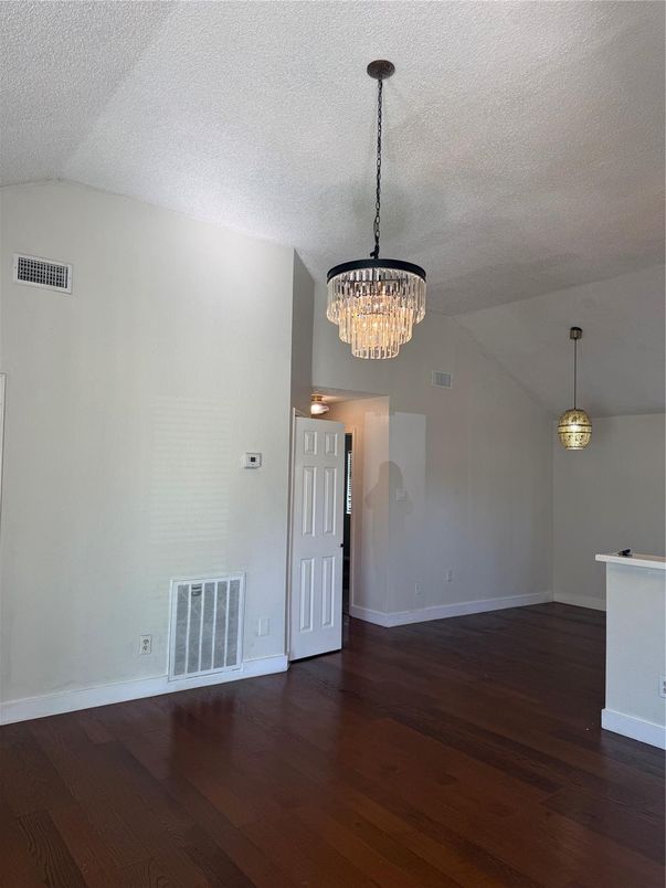Chandelier, Empty room, Interior, Pendant Lights, Wood Texture Flooring