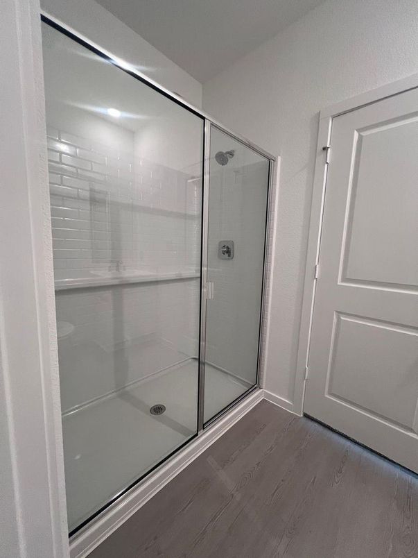 Bathroom, Glass Shower, Interior, Wood Texture Flooring