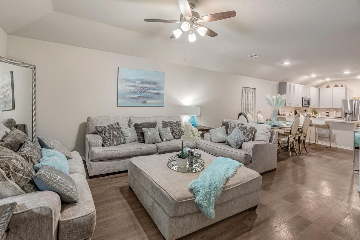 Dining room, Interior, Kitchen, Living room, Recessed Lighting, Wood Texture Flooring