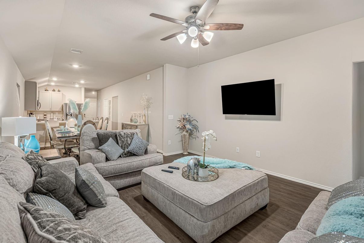 Dining room, Interior, Living room, Recessed Lighting, Wood Texture Flooring