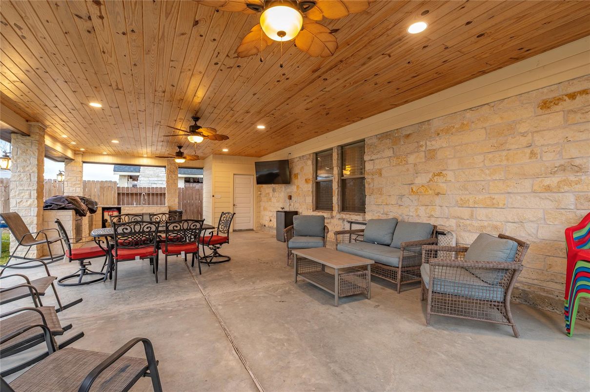 Dining room, Interior, Living room, Recessed Lighting, Stone Walls, Wooden Ceilings