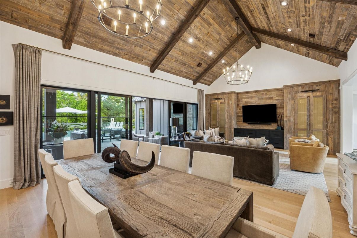 Chandelier, Dining room, Interior, Living room, Recessed Lighting, Wooden Beams, Wooden Ceilings, Wood Texture Flooring