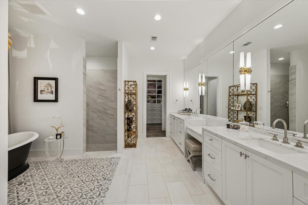 Bathroom, Dual Sink Vanities, Free Standing Baths, Interior, Marble Walls, Recessed Lighting