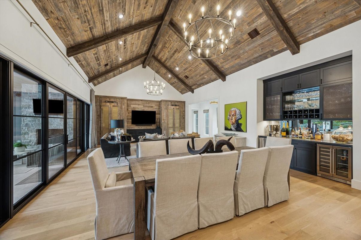 Chandelier, Dining room, Interior, Living room, Recessed Lighting, Wooden Beams, Wooden Ceilings, Wood Texture Flooring