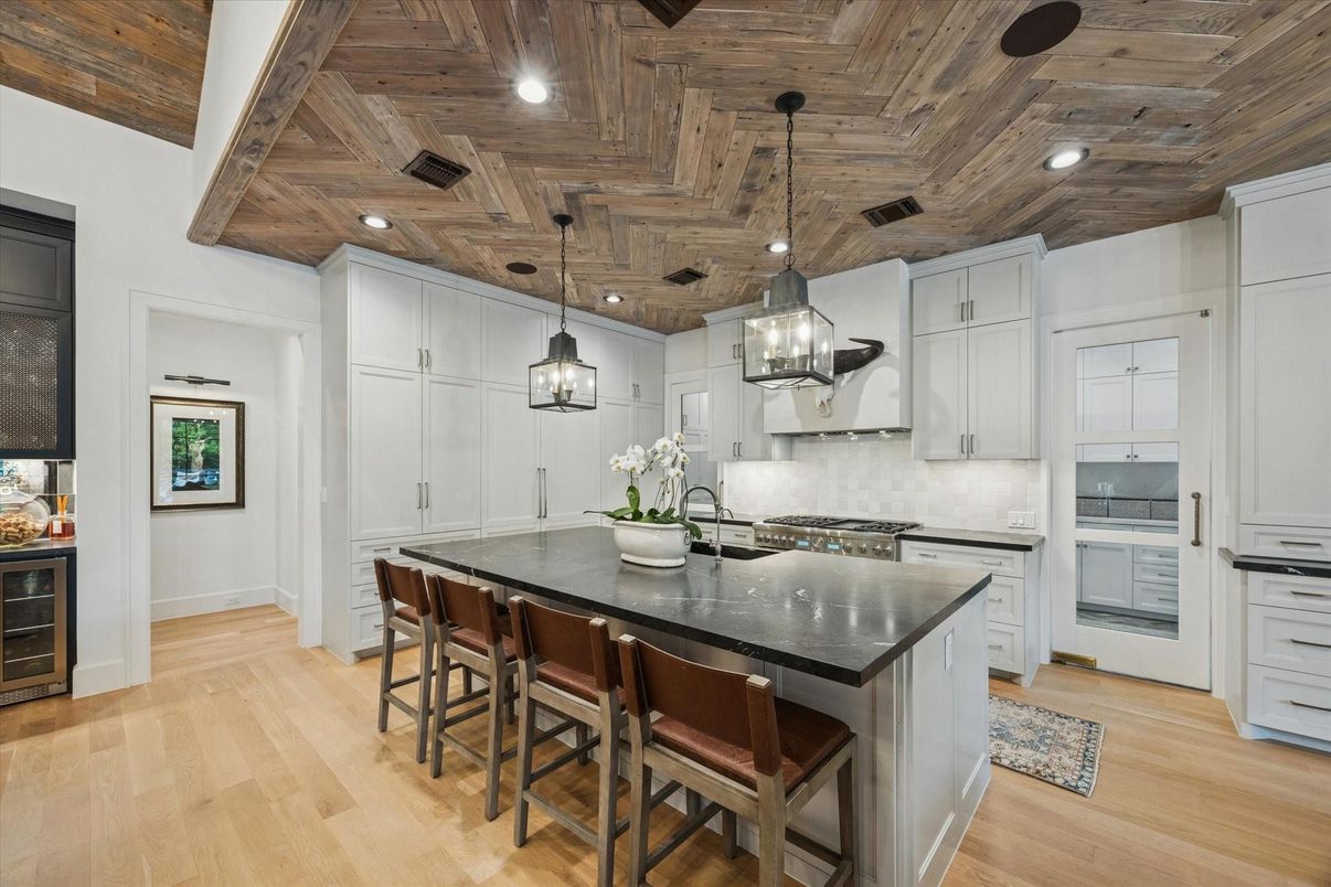 Interior, Kitchen, Pendant Lights, Recessed Lighting, Stainless Steel Appliances, Wooden Ceilings, Wood Texture Flooring