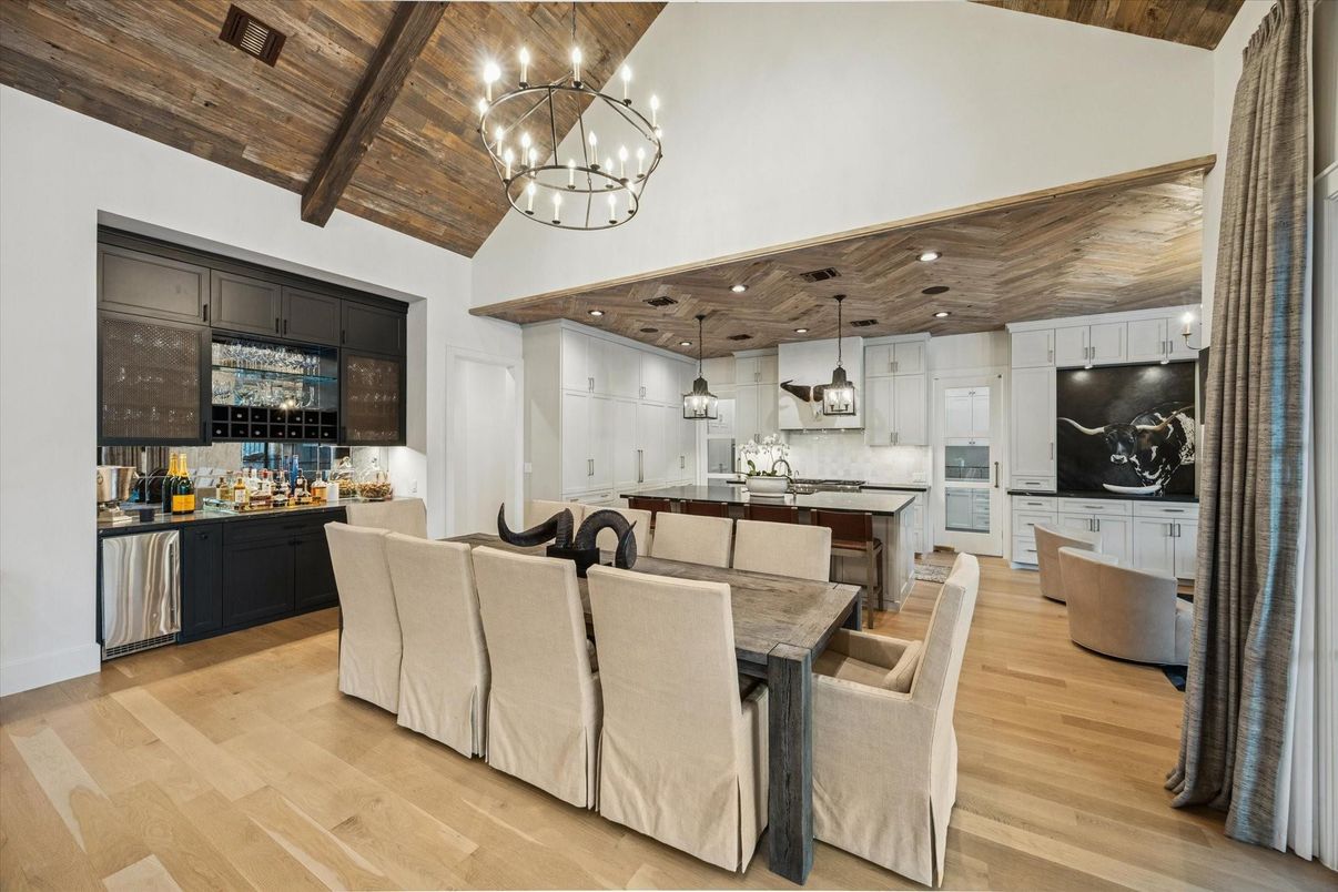 Dining room, Interior, Kitchen, Pendant Lights, Recessed Lighting, Stainless Steel Appliances, Wooden Beams, Wooden Ceilings, Wood Texture Flooring