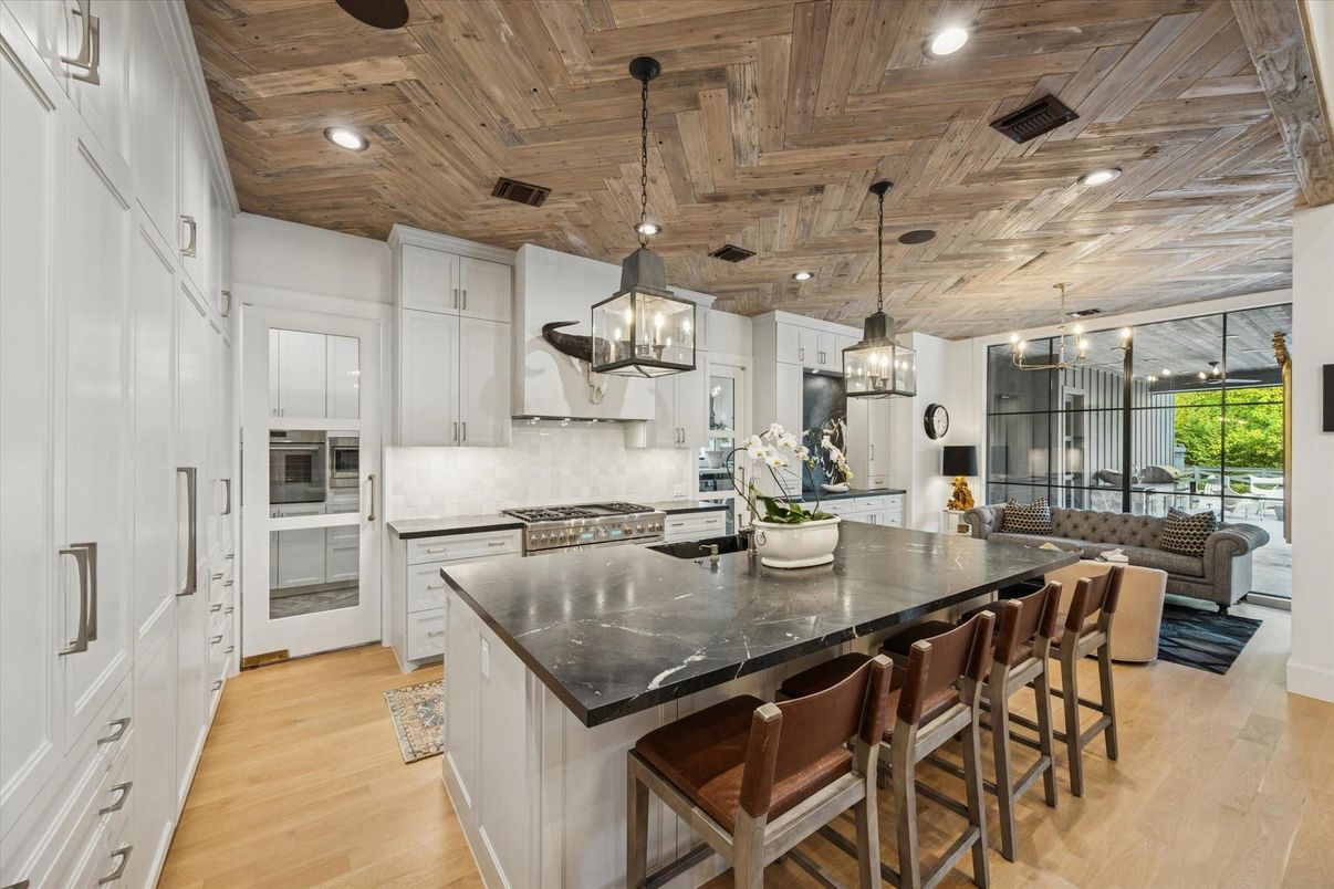Interior, Kitchen, Pendant Lights, Recessed Lighting, Stainless Steel Appliances, Wooden Ceilings, Wood Texture Flooring