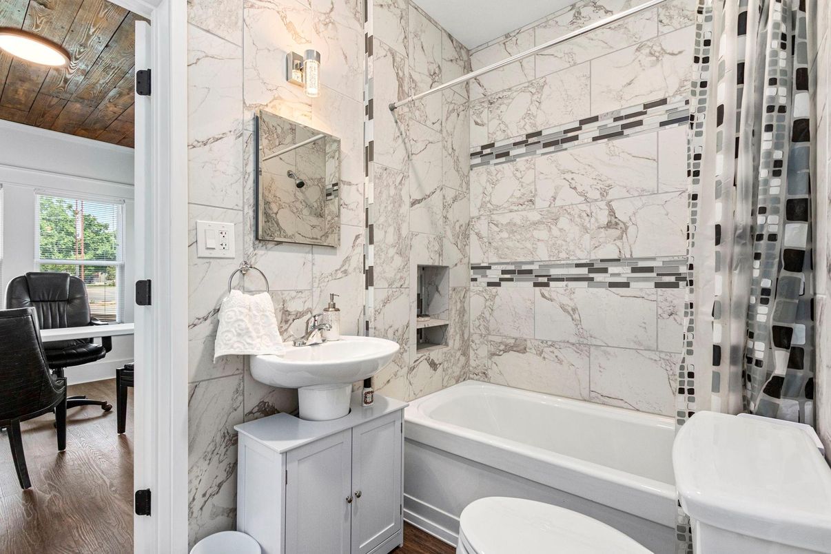 Bathroom, Interior, Marble Walls, Wood Texture Flooring