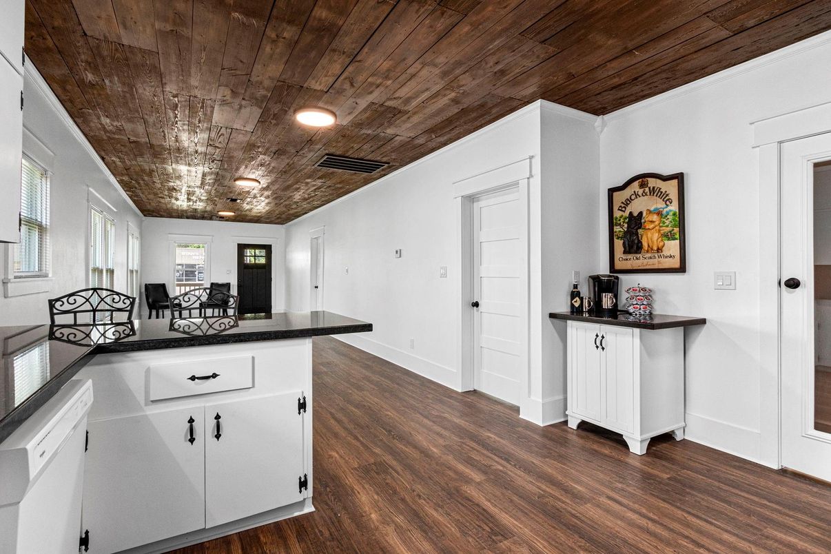 Interior, Kitchen, Recessed Lighting, Wooden Ceilings, Wood Texture Flooring