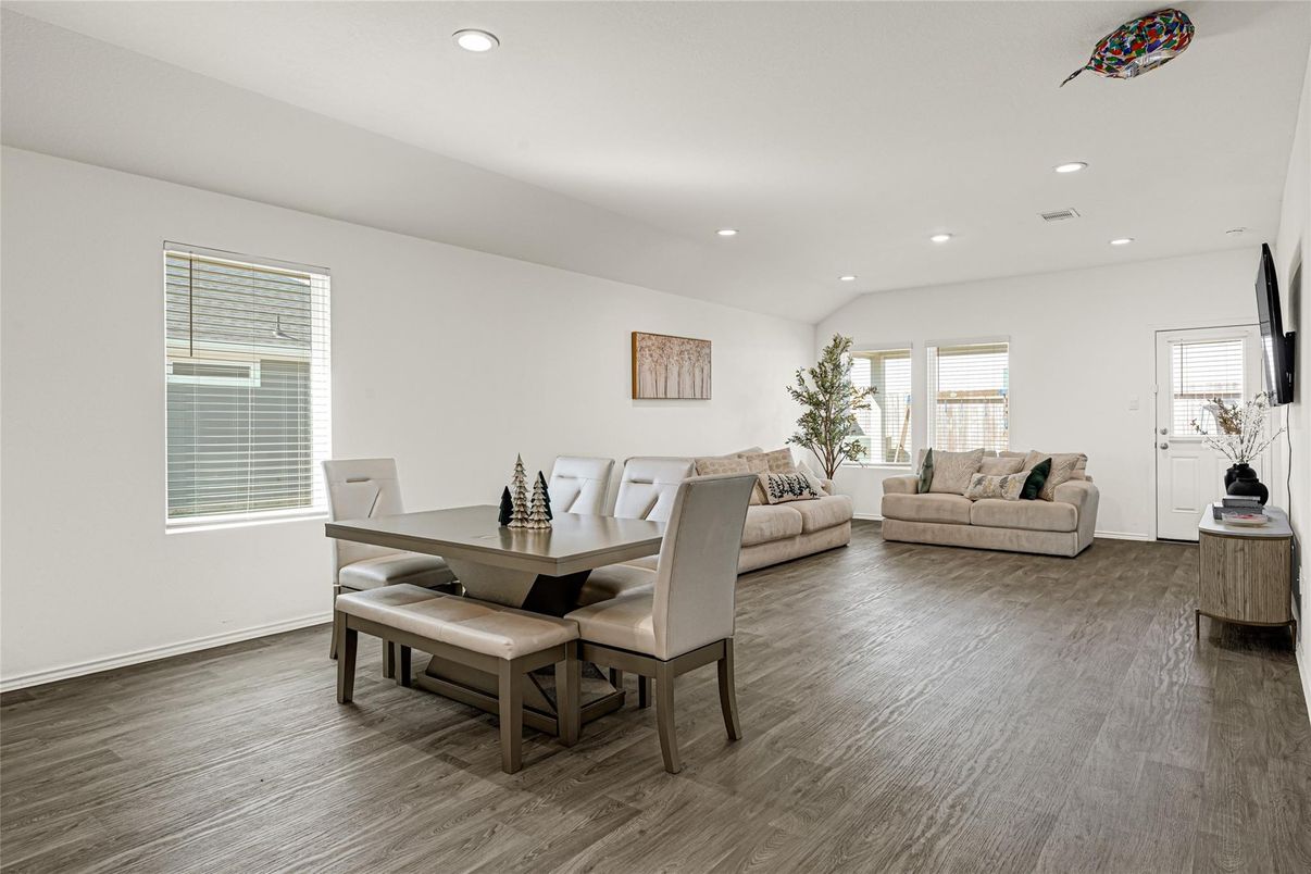 Dining room, Interior, Living room, Recessed Lighting, Wood Texture Flooring