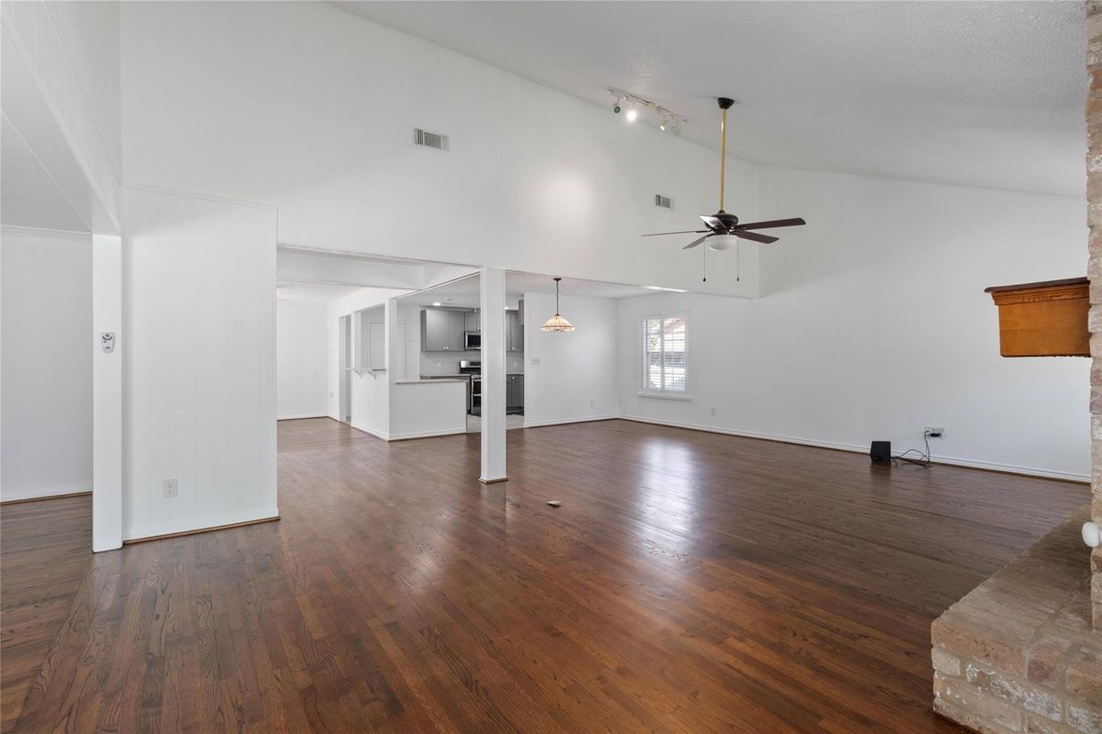 Empty room, Interior, Kitchen, Pendant Lights, Wood Texture Flooring